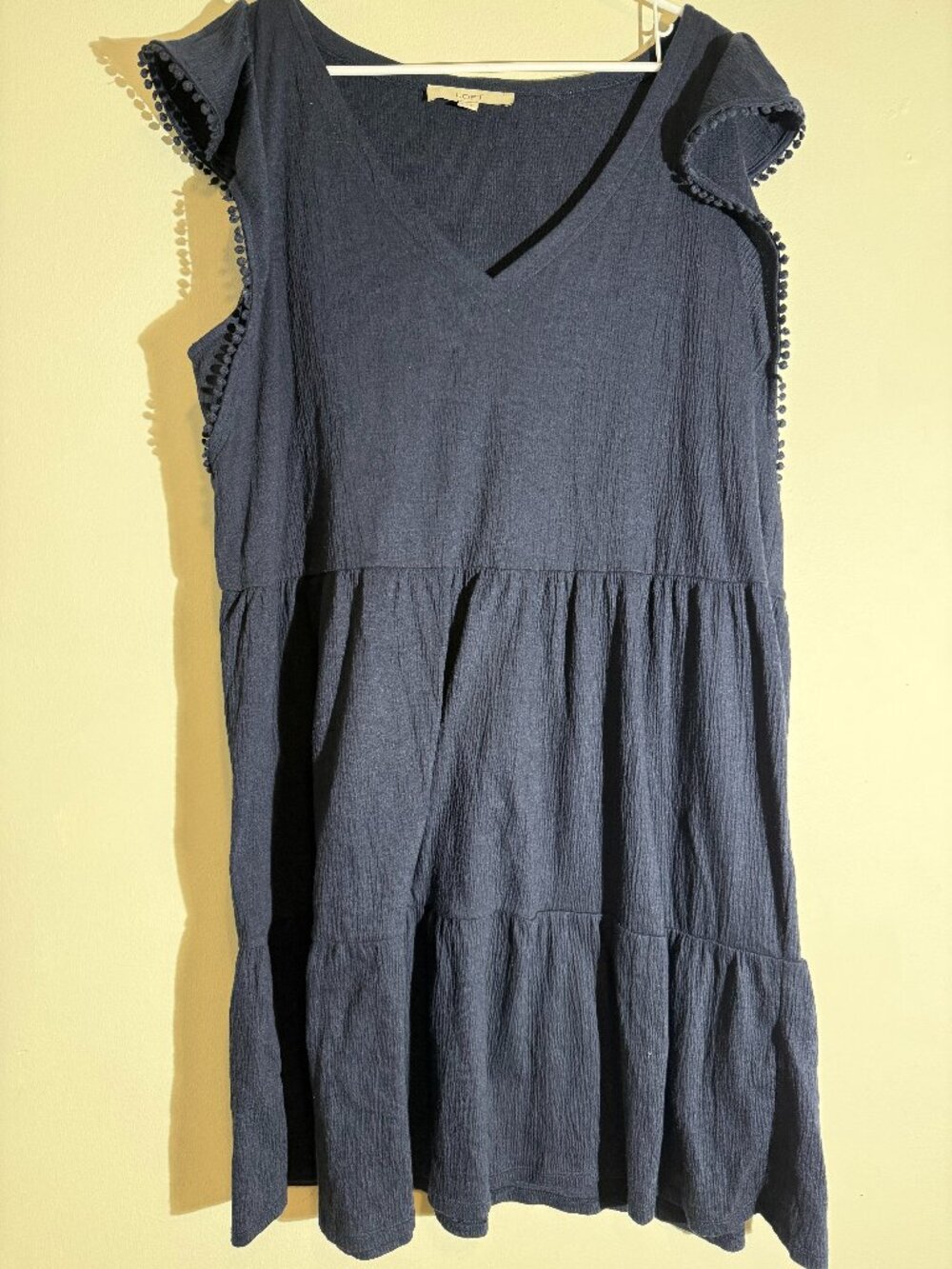 LOFT Navy Blue Textured Pom Pom Flutter Sleeve Tiered Dress | XL